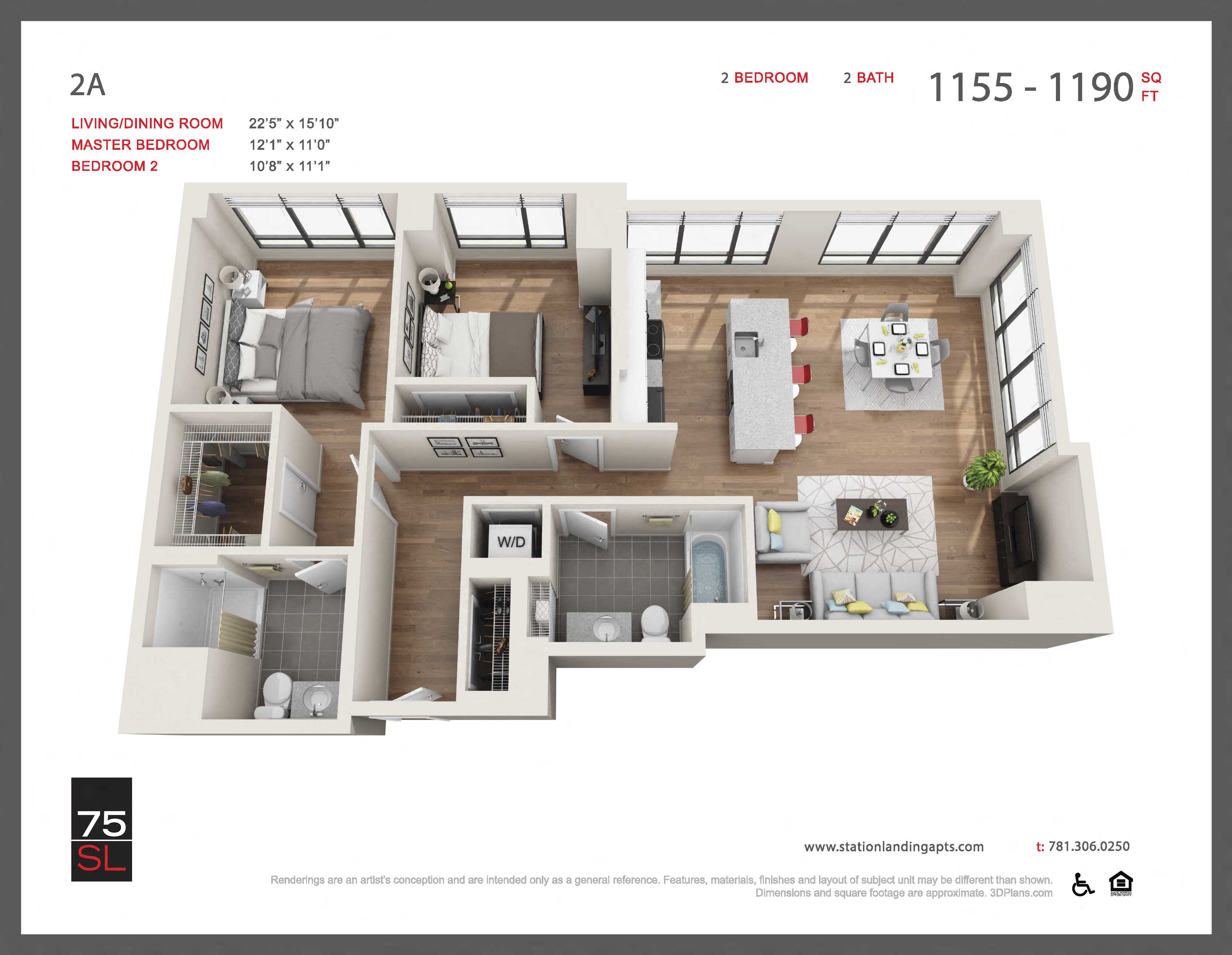 Floor plan for 2 beds, 2 baths, 1184 sqft
